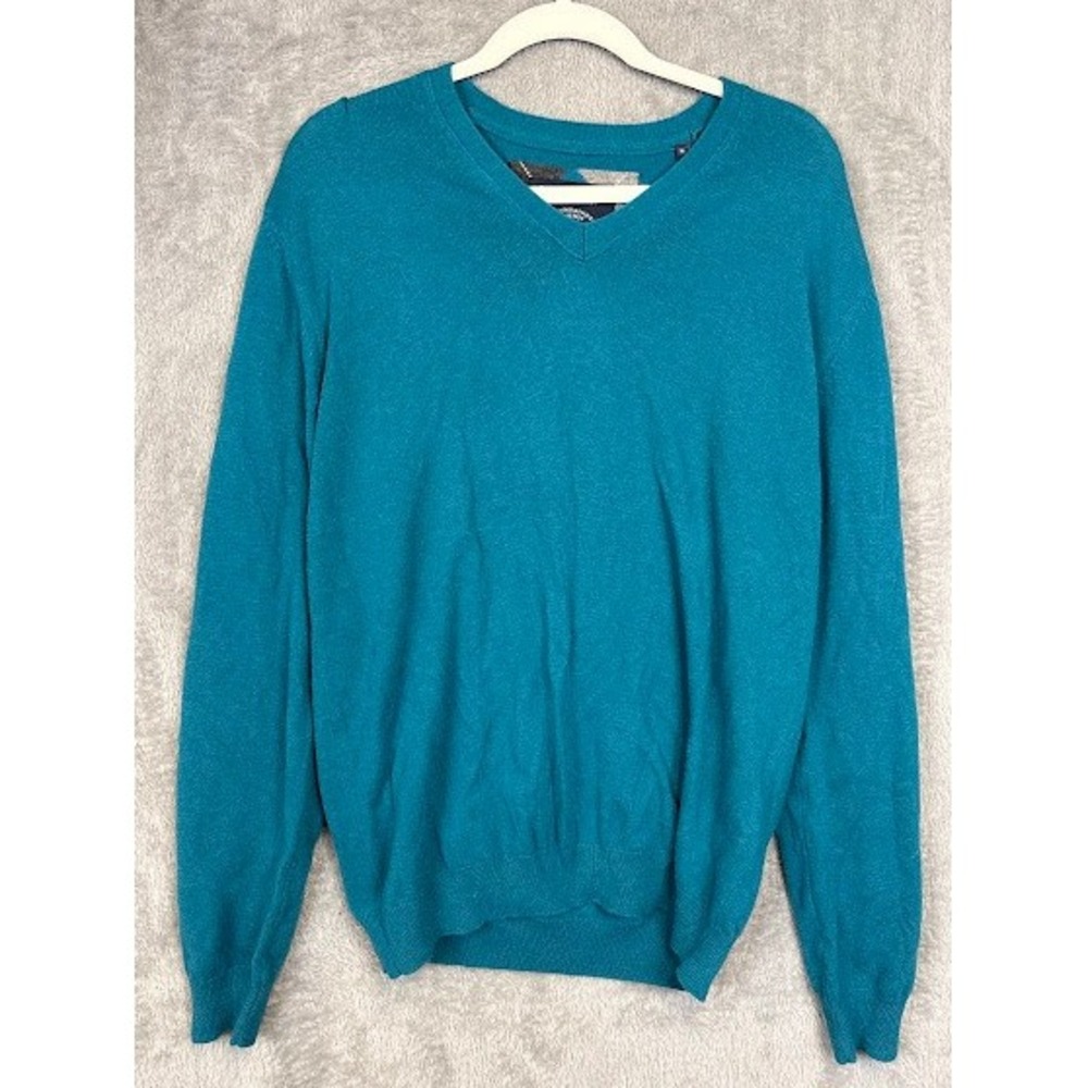 McNeal Mens Teal Blue V-Neck Slim Fit Sweater with Elbow Patches Size XL‎